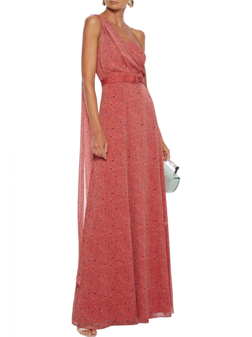 Mikael Aghal Gorgeous Red Printed Georgette One Shoulder Gown